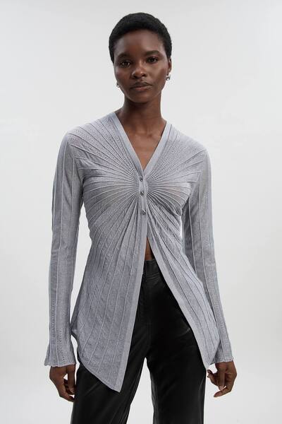  Karenmillen Sparkle Metallic Knitted Fitted Cardigan Sweater, Silver 