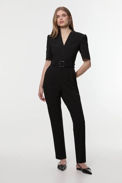  Karenmillen Structured Crepe Forever Belted Jumpsuit, Black 