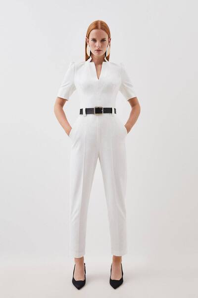  Karenmillen Structured Crepe Forever Belted Jumpsuit, Ivory 