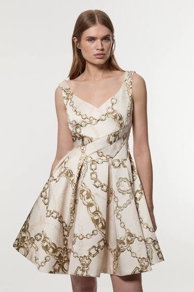  Karenmillen Structured Viscose Satin Chain Print Tailored Prom Mini Dress 