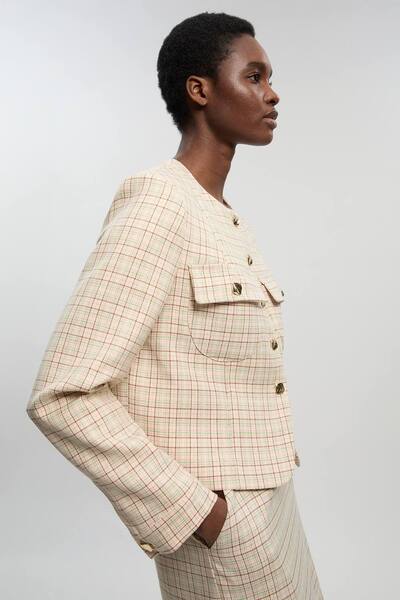  Karenmillen Tailored Check Cropped Jacket, Ivory 
