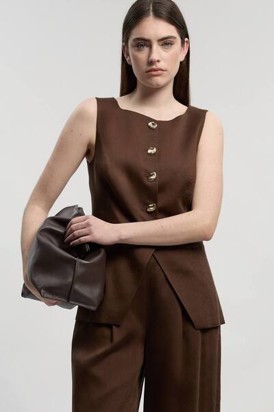  Karenmillen Tailored Linen Statement Button Front Waistcoat, Chocolate 