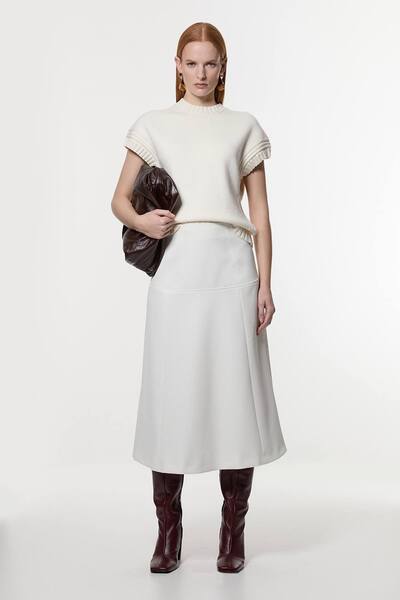  Karenmillen Tailored Textured Full Midi Skirt, Ivory 