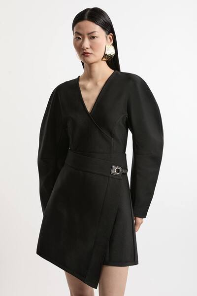  Karenmillen Tall Figure Form Bandage Asymmetric Mini Skirt, Black 