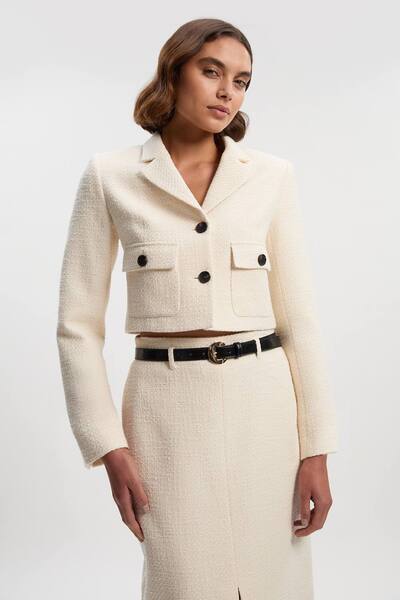  Karenmillen Textured Tweed Pocket Front Tailored Cropped Jacket, Cream 