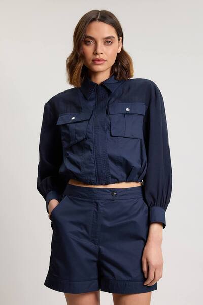  Karenmillen Utility Organdie Cropped Pocket Detail Bomber Jacket, Navy 