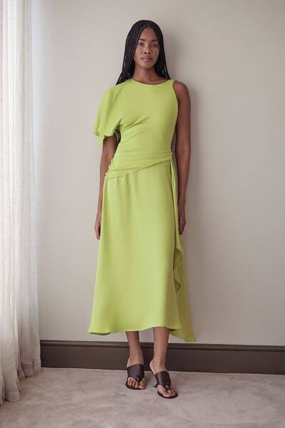 Karenmillen Viscose Satin Drape Midi Dress, Chartreuse 