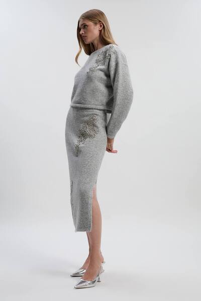  Karenmillen Wool Blend Embellished Cosy Pencil Midi Skirt, Grey 