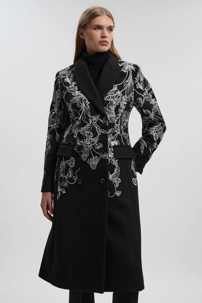  Karenmillen Wool Floral Embroidered Double Breasted Coat, Mono 