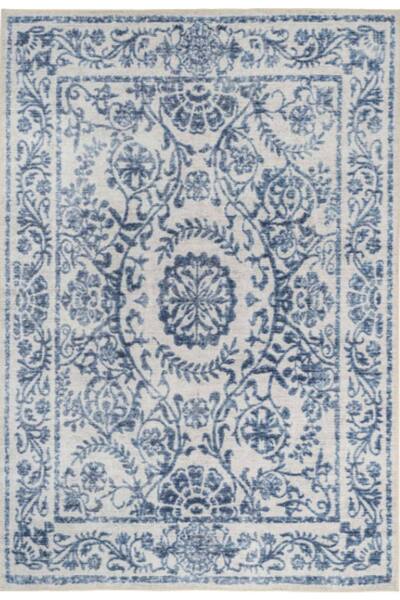  Kukoon Blue Damask Floral Non Slip Washable Low Pile Rug, Mid Blue 