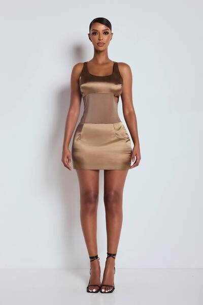  Lemonlunar The Kera Satin Mini Dress, Brown 