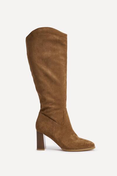  Linzi Rodeo Tan Faux Suede Western Long Block Heeled Boot 