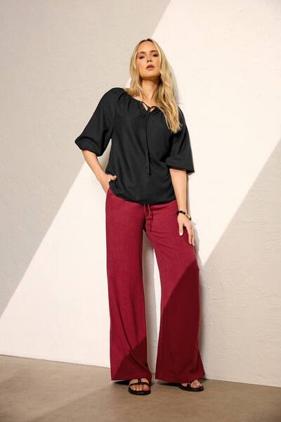  Long Tall Sally Tall Wide Leg Linen Trousers, Dark Red 
