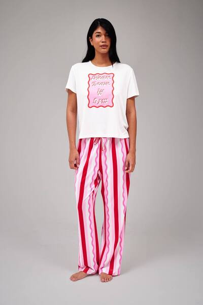  Loungeable Please Leave By 9pm T-shirt And Striped Trouser Pj Set, Pink 