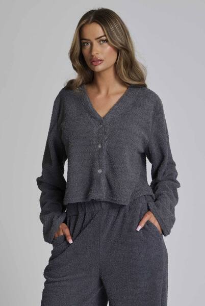  Loungeable Soft Fuzzy Cardigan Sweater, Grey 