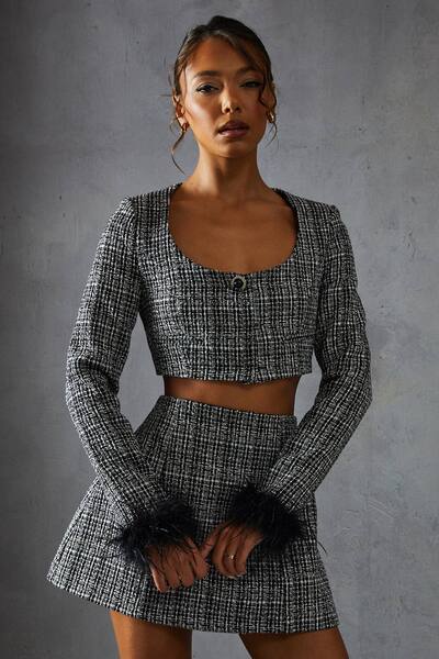  Misspap Boucle Feather Trim Cropped Jacket, Black 