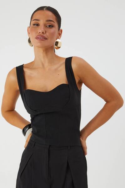  Misspap Corset Detail Bodycon Top, Black 