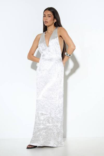  Misspap Crinkle Satin Maxi Dress, Silver 