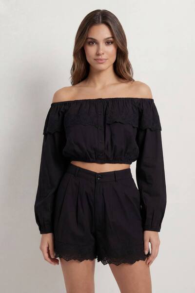  Misspap Embroidered Broderie Button Front Top, Black 