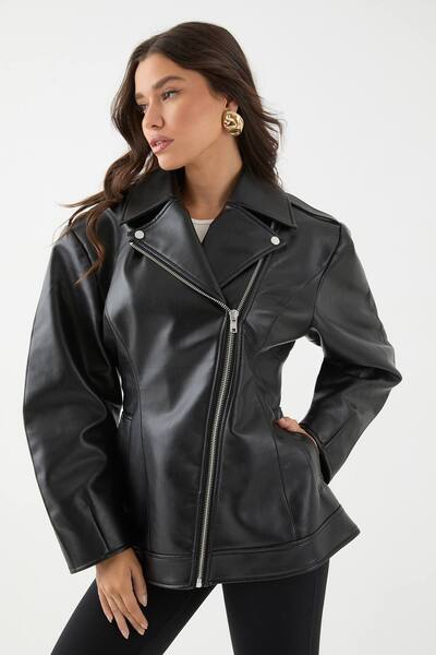  Misspap Faux Leather Biker Jacket, Black 