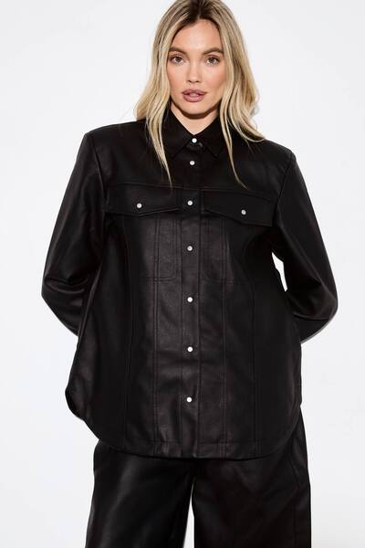  Misspap Faux Leather Shoulder Pad Shirt, Black 