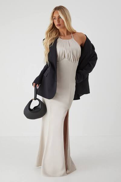  Misspap Halter Neck Split Hem Maxi Dress, Champagne 