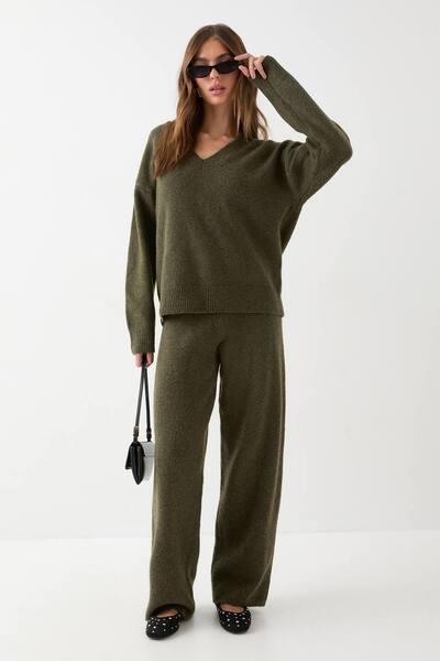  Misspap Knitted Wide Leg Trousers, Khaki 