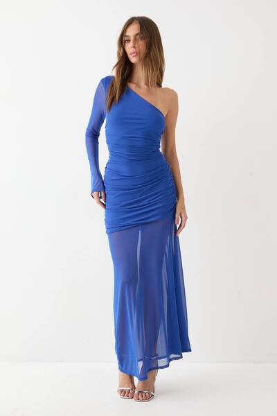  Misspap Mesh Ruched One Shoulder Maxi Dress, Cobalt 