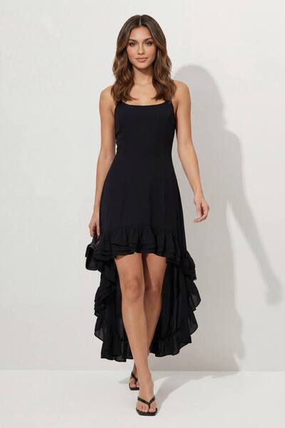  Misspap Premium Chiffon Ruffle Maxi Dress, Black 