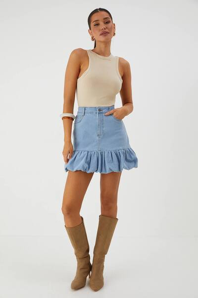  Misspap Puff Ball Denim Mini Skirt, Light Wash 