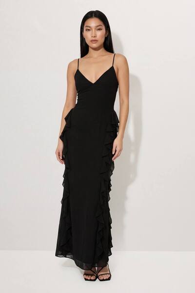  Misspap Ruffle Detail Open Back Maxi Dress, Black 