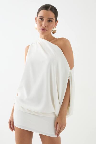  Misspap Satin Off Shoulder Asymmetric Bodycon Mini Dress, Ivory 
