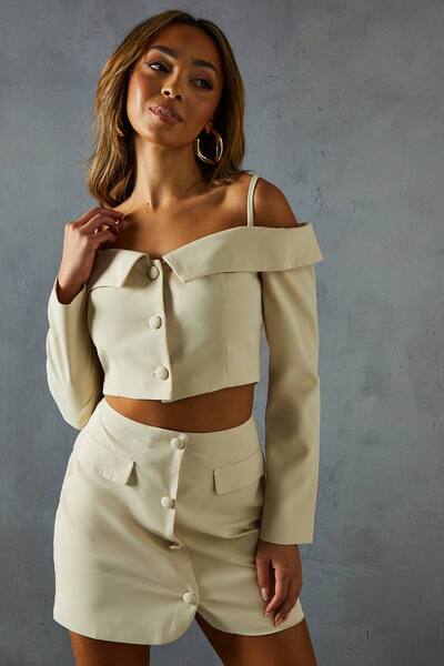  Misspap Tailored Bardot Button Down Top, Stone 
