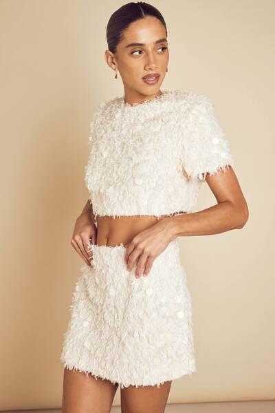  Misspap Textured Fluffy Sequin Mix Crop Top, Cream 