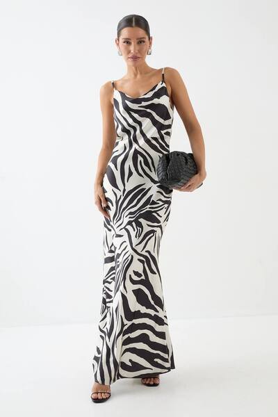 Misspap Zebra Printed Satin Bias Maxi Dress 