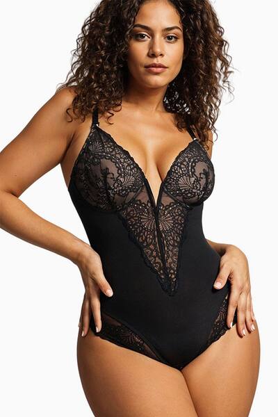 Modishion Lace Tummy Control Body Shaper Bodysuit With Adjustable Straps, Black 