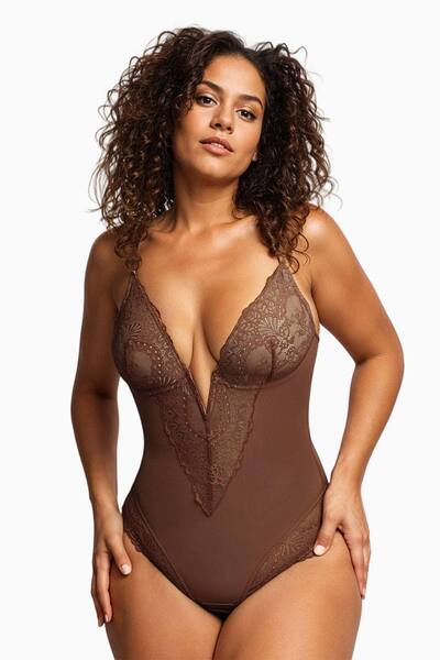  Modishion Lace Tummy Control Body Shaper Bodysuit With Adjustable Straps, Brown 