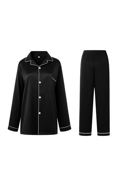  Modishion Long Sleeve Button-up Loungewear Set, Black 