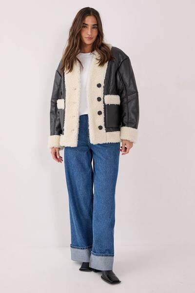  Nastygal Borg Bonded 80s Aviator Jacket, Black 