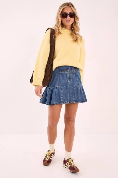  Nastygal Buckle Pleated Denim Mini Skirt, Authentic Midwash 