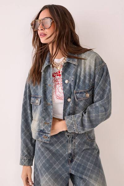 Nastygal Check Denim Distressed Jacket, Authentic Midwash 