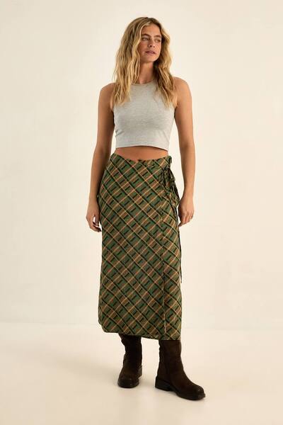  Nastygal Check Wrap Maxi Skirt, Green 
