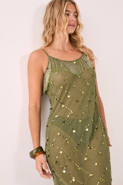  Nastygal Coin And Tassel Embellished Maxi Dress, Khaki 