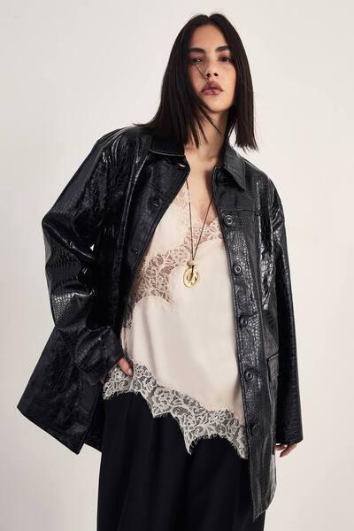  Nastygal Croc Vinyl Faux Leather Clean Jacket, Black 