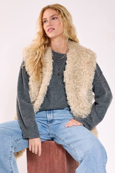  Nastygal Curly Faux Fur Borg Gilet, Ecru 