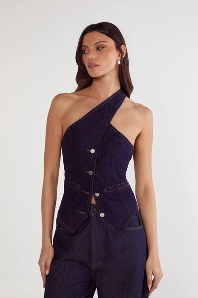  Nastygal Denim Asymmetric Top, Indigo 