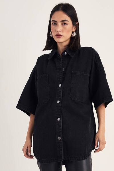  Nastygal Denim Boxy Short Sleeve Shirt, Washed Black 