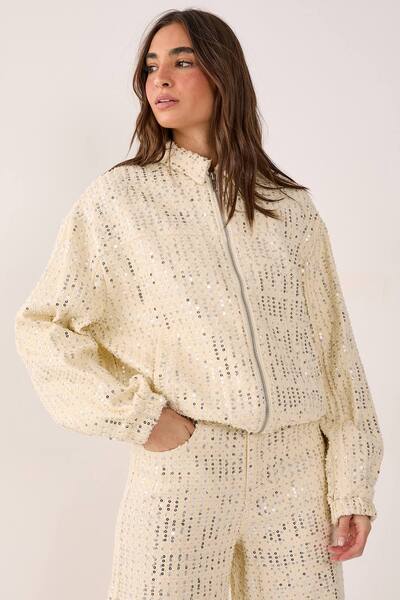  Nastygal Denim Sequin Bomber Jacket, Ecru 