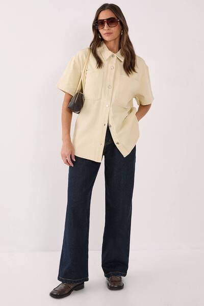  Nastygal Denim Short Sleeve Oversized Shirt, Ecru 