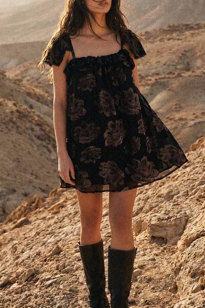  Nastygal Devore Floral Cap Sleeve Lace Trim Floaty Mini Dress, Black 